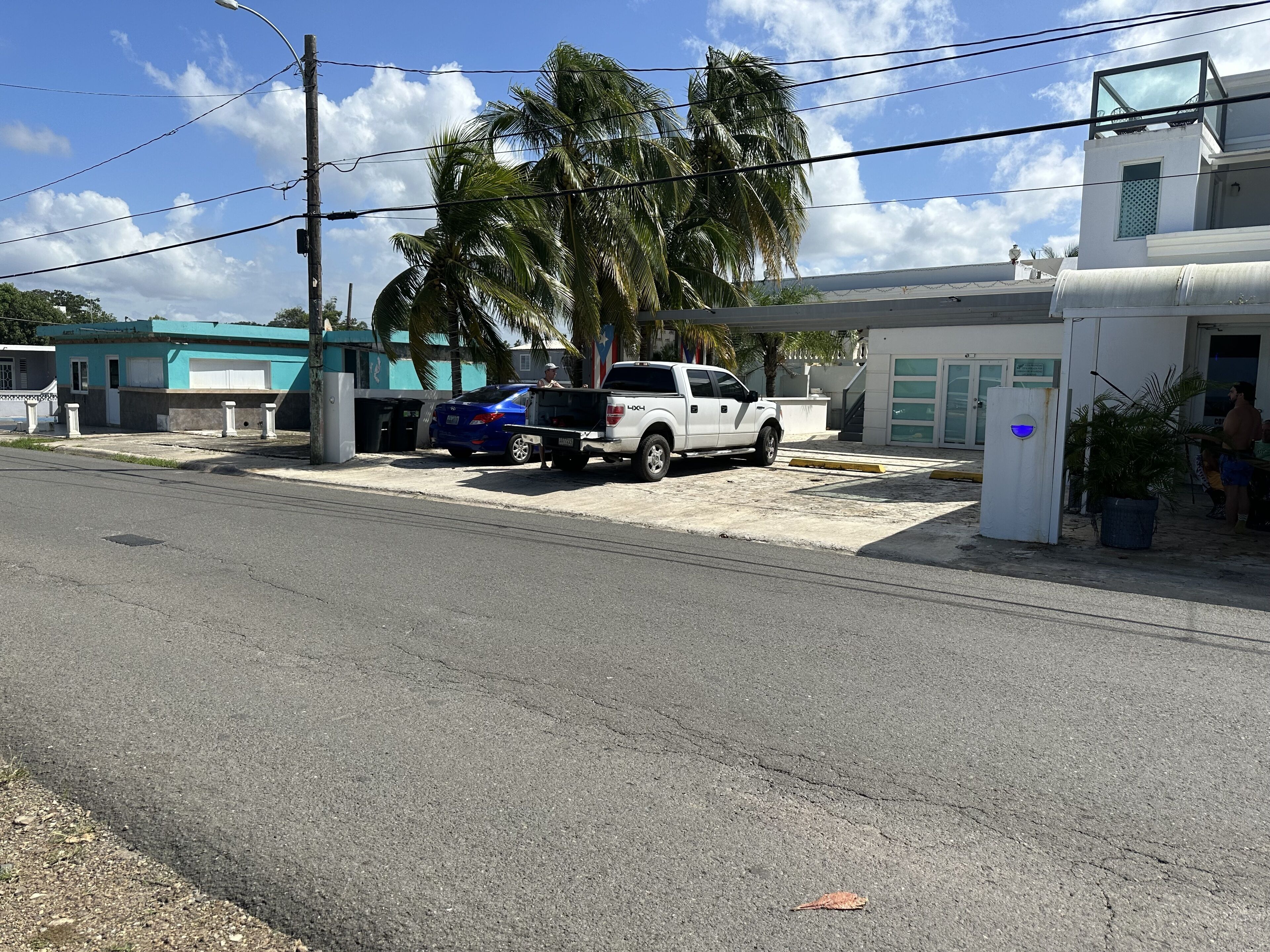 A street with a white pickup truck and a blue car parked by the curb, palm trees, and a building with a garage door.