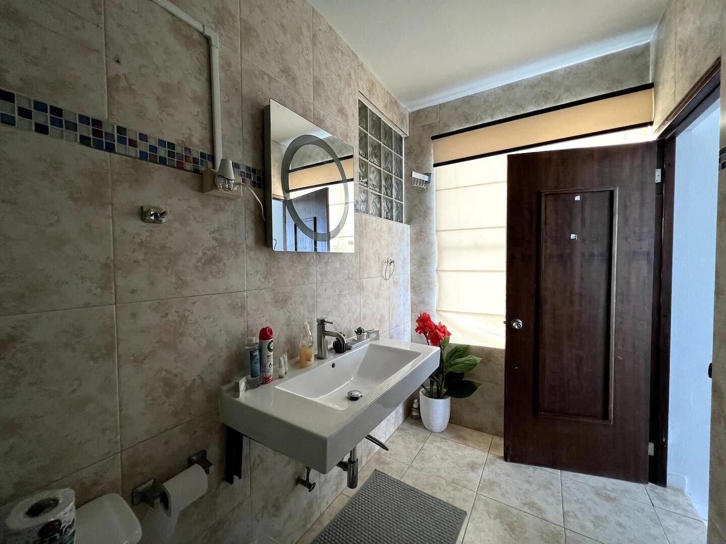 Une salle de bain avec un grand lavabo, un miroir, des toilettes et une porte.