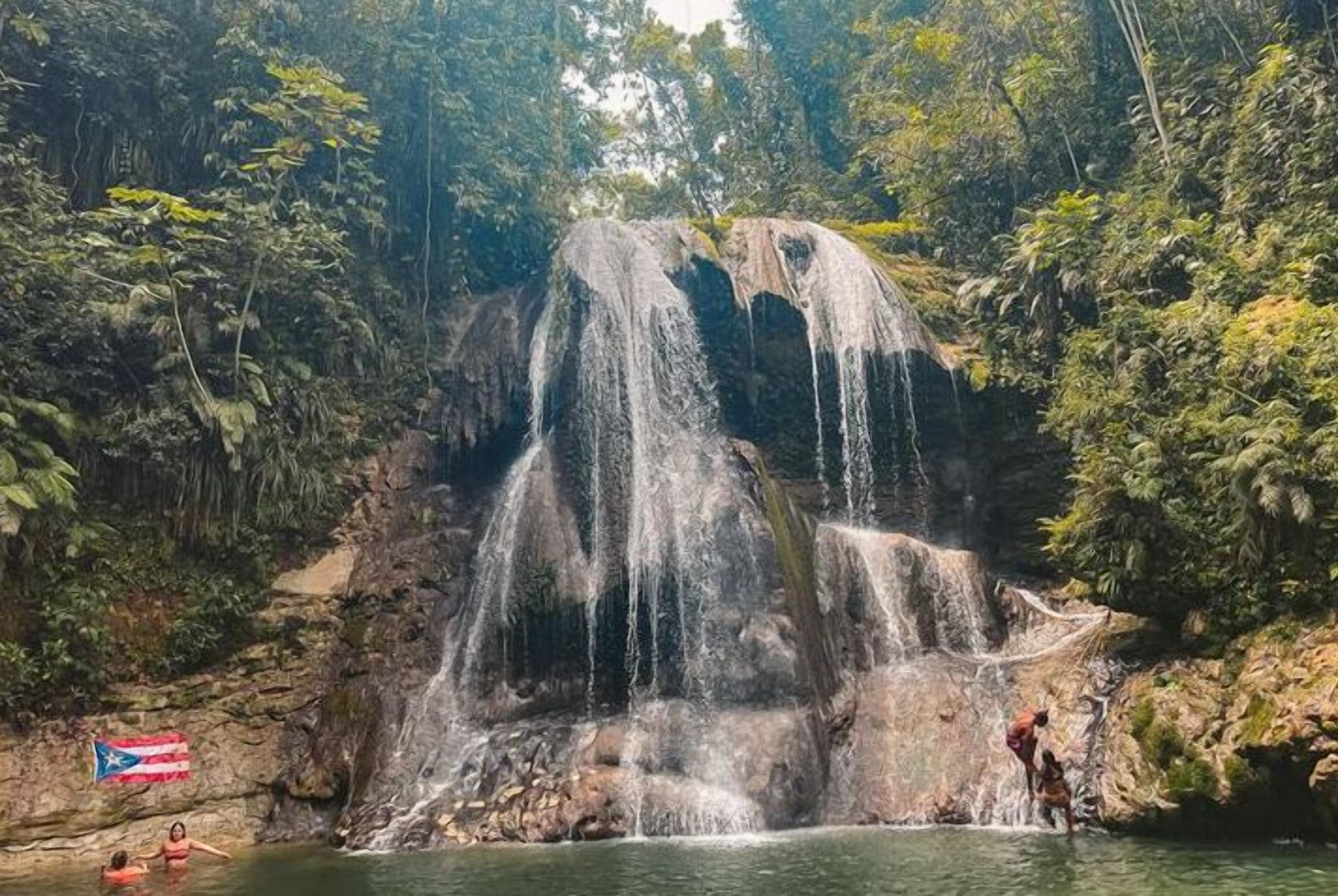 Una cascata circondata da una vegetazione rigogliosa.