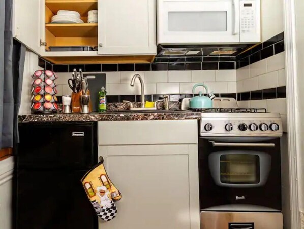 Frigorífico, microondas, horno y placa de cocina