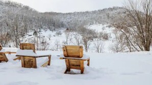 Un espacio al aire libre cubierto de nieve con bancos y mesas de madera, rodeado por una ladera boscosa.