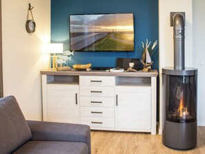 Téléviseur, foyer, lecteur de DVD, livres