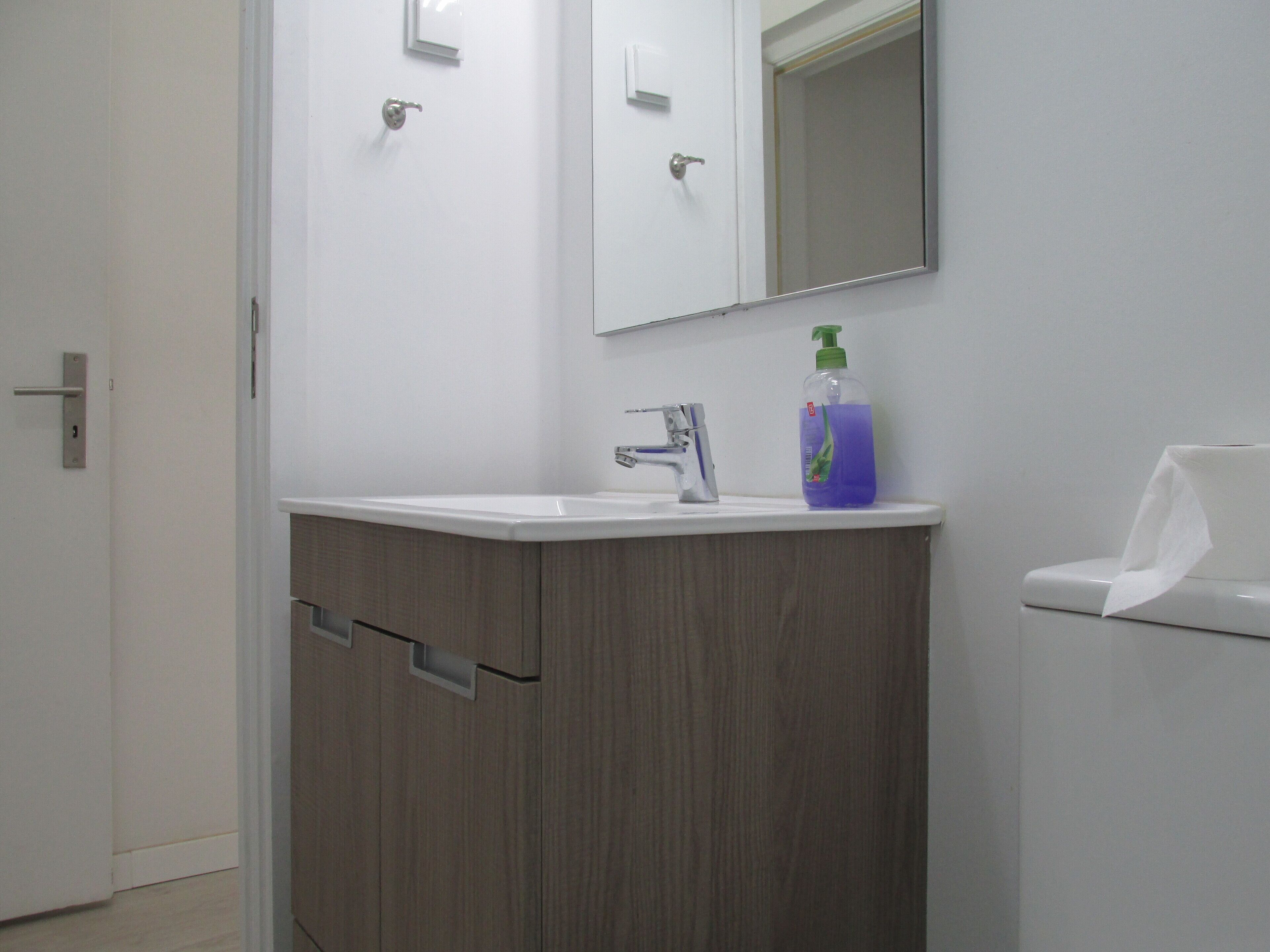 Une salle de bain avec un lavabo blanc, un miroir et des toilettes.