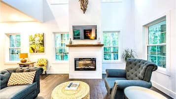 Smart TV, fireplace, video games, DVD player