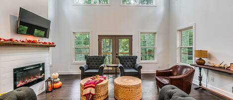 Smart TV, fireplace, video games, DVD player