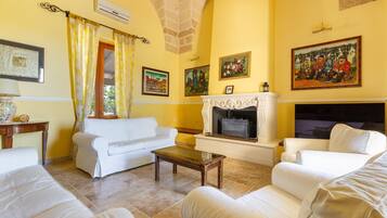 Télévision, cheminée, livres