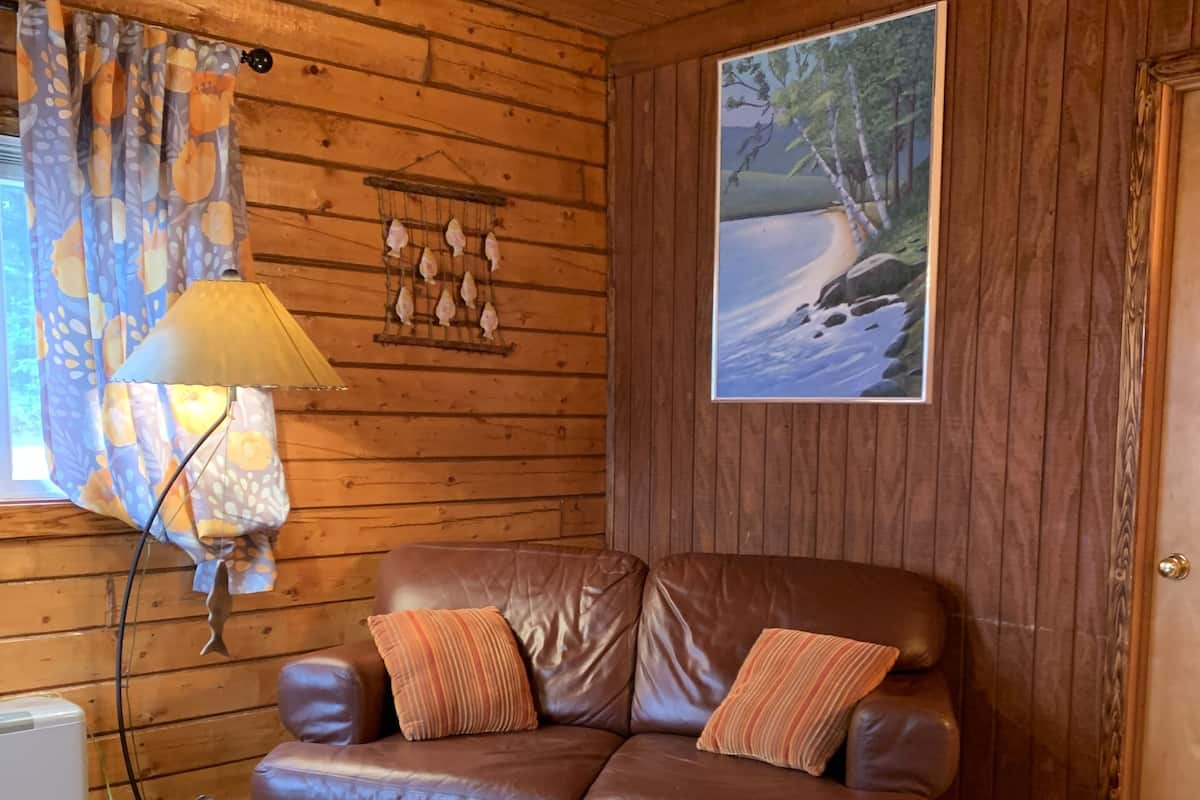 Una habitación acogedora con paredes de madera, un sofá de cuero marrón, una mesa y un cuadro de un paisaje nevado.