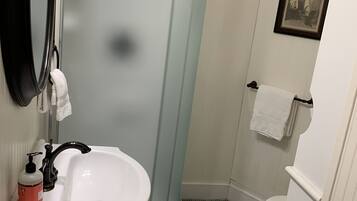Hair dryer, towels, soap, shampoo