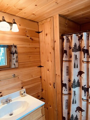 Shower, towels, soap, toilet paper