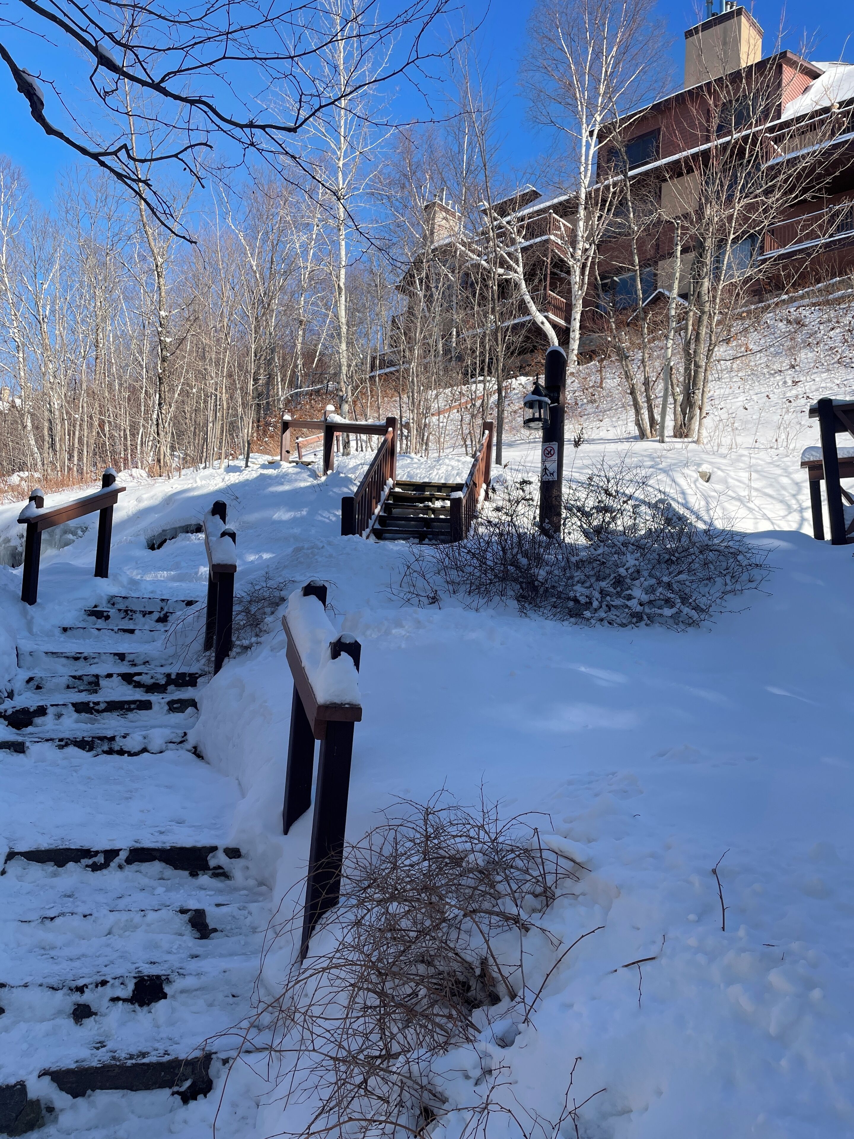 A snow-covered outdoor area with wooden steps leading up to a building.