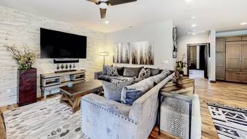 Télévision, cheminée, table de tennis de table