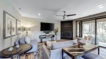 Télévision, cheminée, table de tennis de table