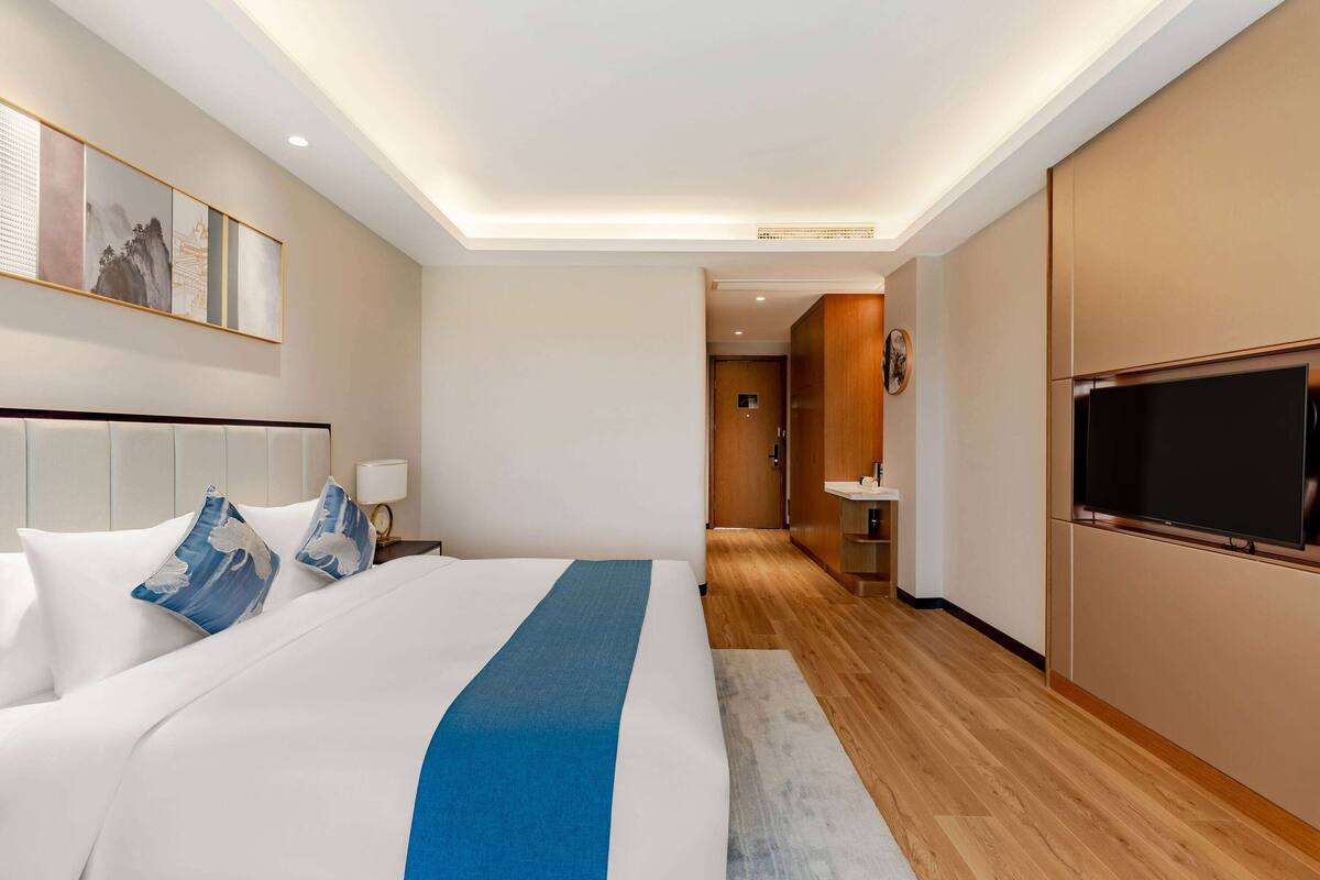 Une chambre d’hôtel avec un grand lit, une télévision, un plancher en bois et un tableau au mur.