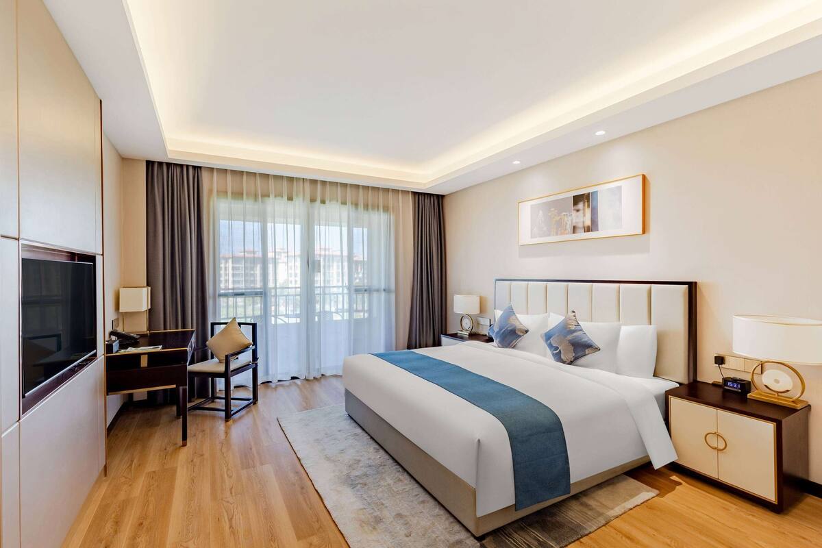 Une chambre d’h ôtel moderne dotée d’un grand lit, d’un bureau, d’une chaise, d’une télévision et offrant une vue sur la ville.