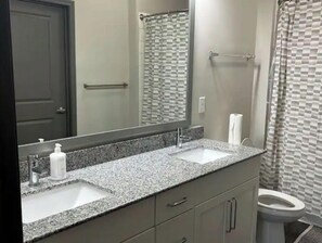 Bathroom features a granite countertop sink, mirror, and toilet, with a shower area and towel rack.