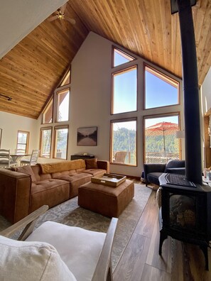 Televisión, chimenea y estéreo