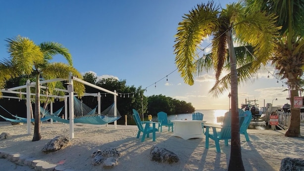 Uma área à beira-mar com um gazebo branco, cadeiras azuis e uma mesa posta para refeições.