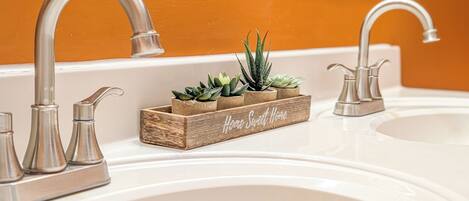 Un lavamanos con dos grifos, una jardinera de madera con suculentas y un espejo encima.