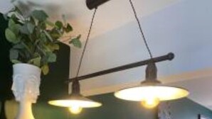 Una sala de estar moderna con encimera de mármol, paredes verde oscuro y un sofá. Hay lámparas colgantes y una planta en la pared.