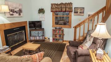 TV, fireplace, DVD player, video library
