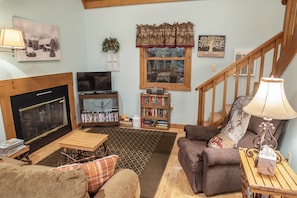 TV, fireplace, DVD player, video library - Ethan's Retreat: Cozy cabin getaway w/hot tub, private & pet-friendly! (Killbuck)