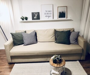 Smart-TV, Bücher, Musikbibliothek, Stereoanlage