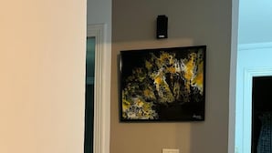 Un couloir avec une porte, un interrupteur fixé au mur et un tableau abstrait encadré.