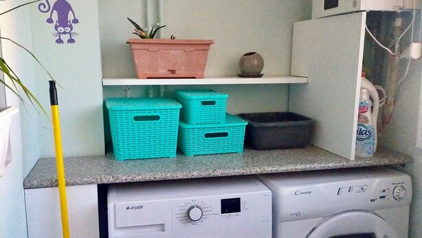 Un espace buanderie comprenant deux machines à laver, une étagère avec des paniers, une plante en pot et un élément décoratif mural.