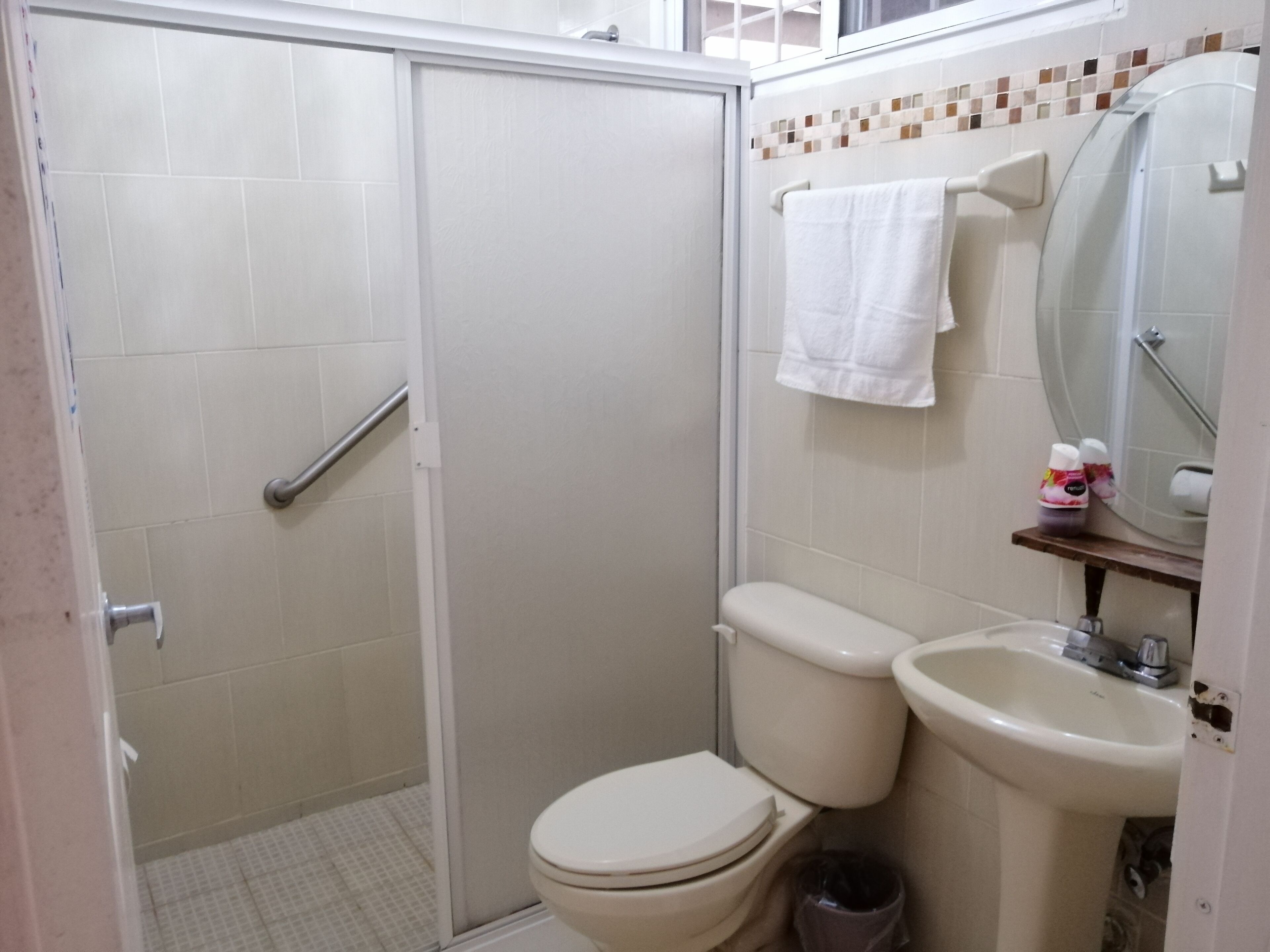 Un baño pequeño con inodoro, lavabo y ducha.