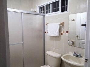A bathroom with a shower, toilet, and sink.