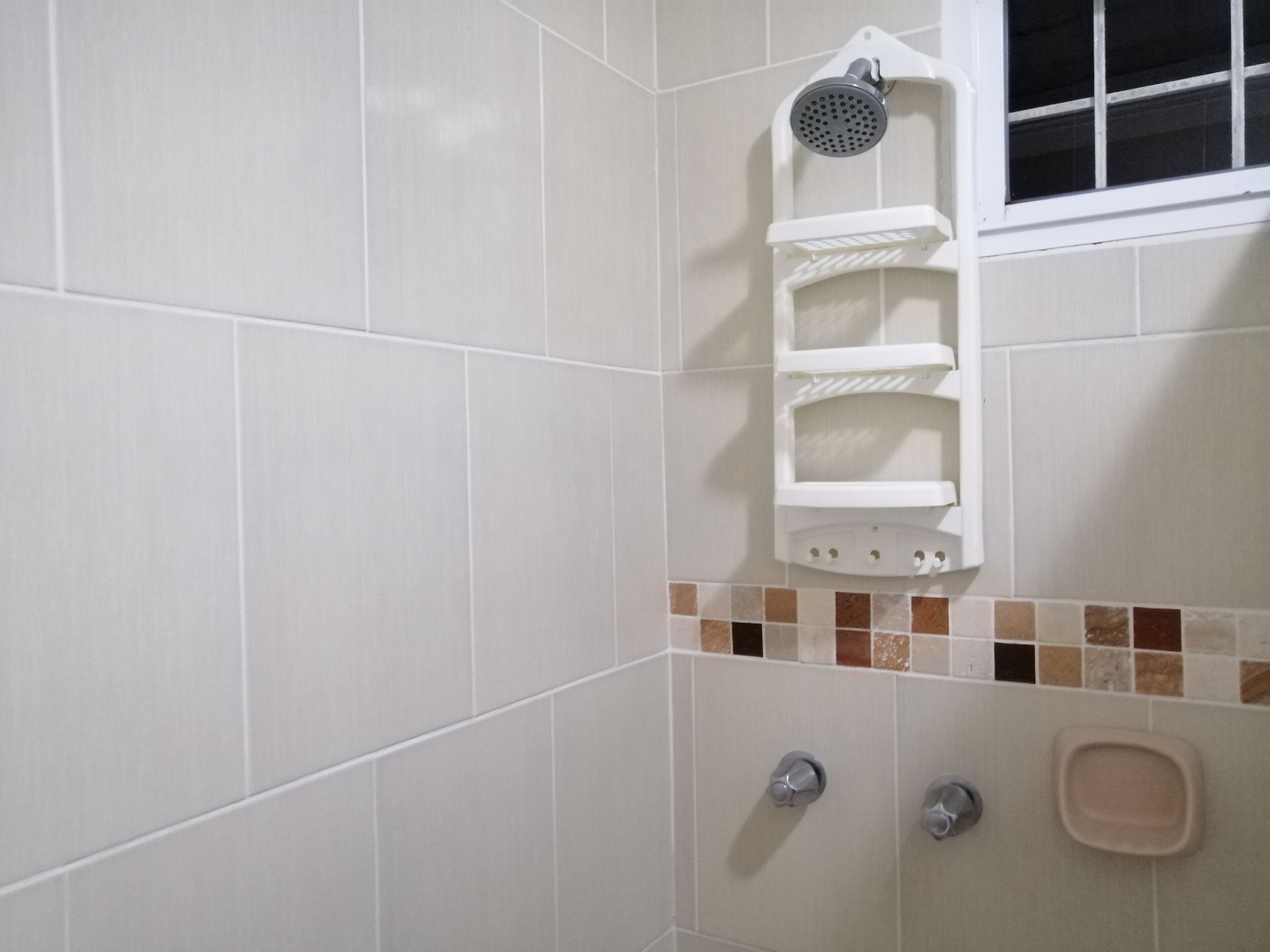Un baño con azulejos blancos, un cabezal de ducha, un inodoro y un jabonera.
