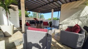 Un espace extérieur aménagé en terrasse, avec des meubles en osier, une table à manger et une plante en pot.