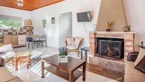 Een moderne woonkamer met een open haard, een eethoek en een keuken.
