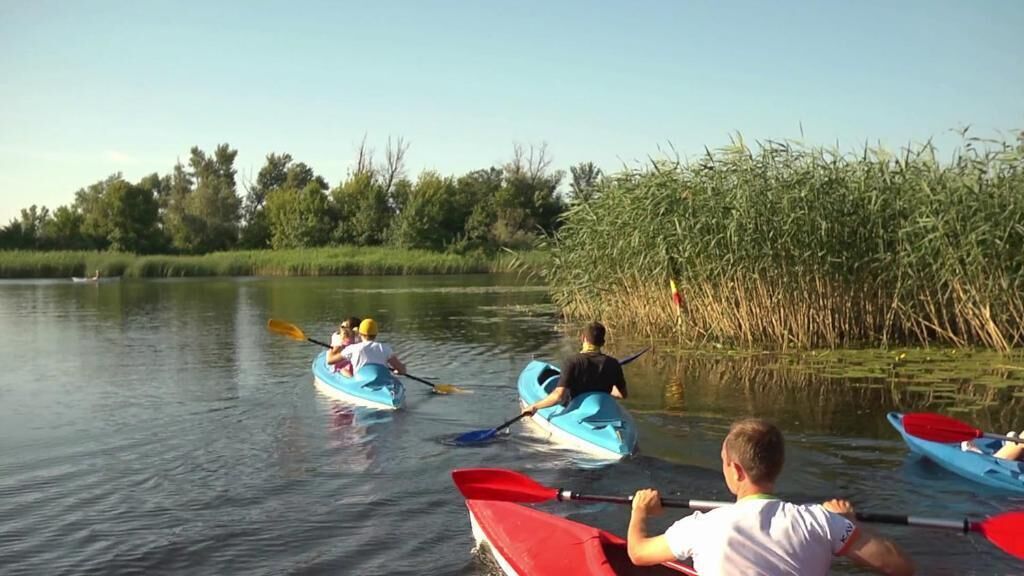 Three kayaks on a calm river with reeds on the bank.