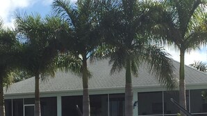 A house with a large window, a balcony, and a garden with palm trees. - Peaceful Paridise (Sarasota)