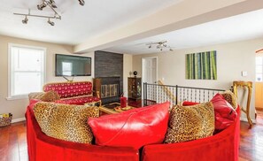 Smart TV, fireplace, books