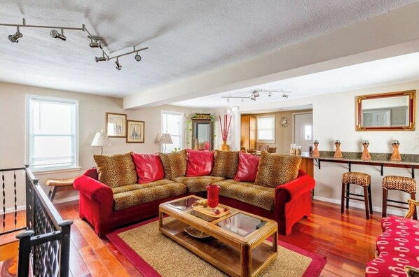 Smart TV, fireplace, books