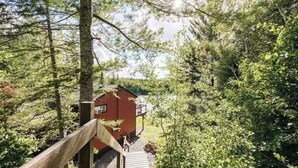 Una baita circondata da una fitta foresta, con una scala in legno che vi conduce.
