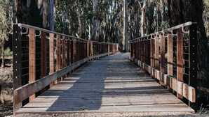 A wooden pedestrian bridge with metal railings, surrounded by trees. - Koondrook Retreat (Koondrook)