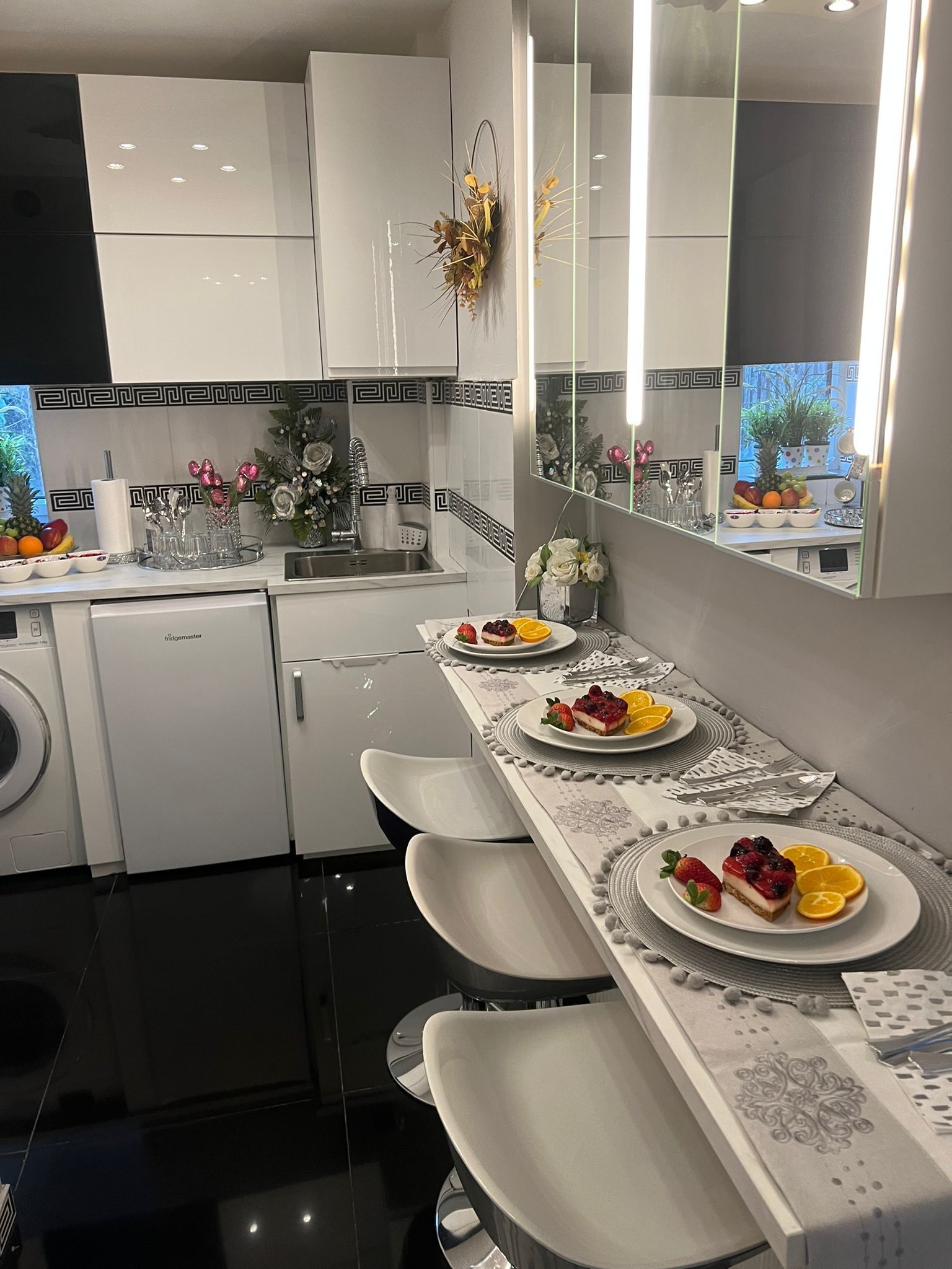 Fridge, microwave, oven, electric kettle