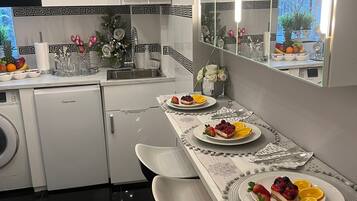 Fridge, microwave, oven, electric kettle