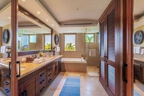 Rainfall showerhead, hair dryer, towels