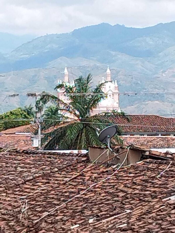 Un edificio con una antena parabólica y una palmera al frente.