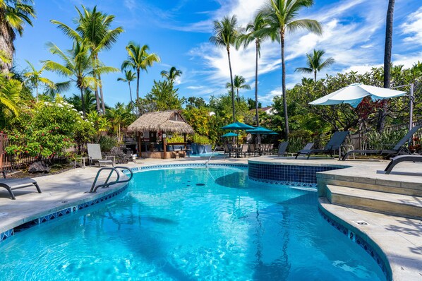 Relax by the serene pool surrounded by lush tropical plants and palm trees, with lounge chairs and umbrellas nearby.