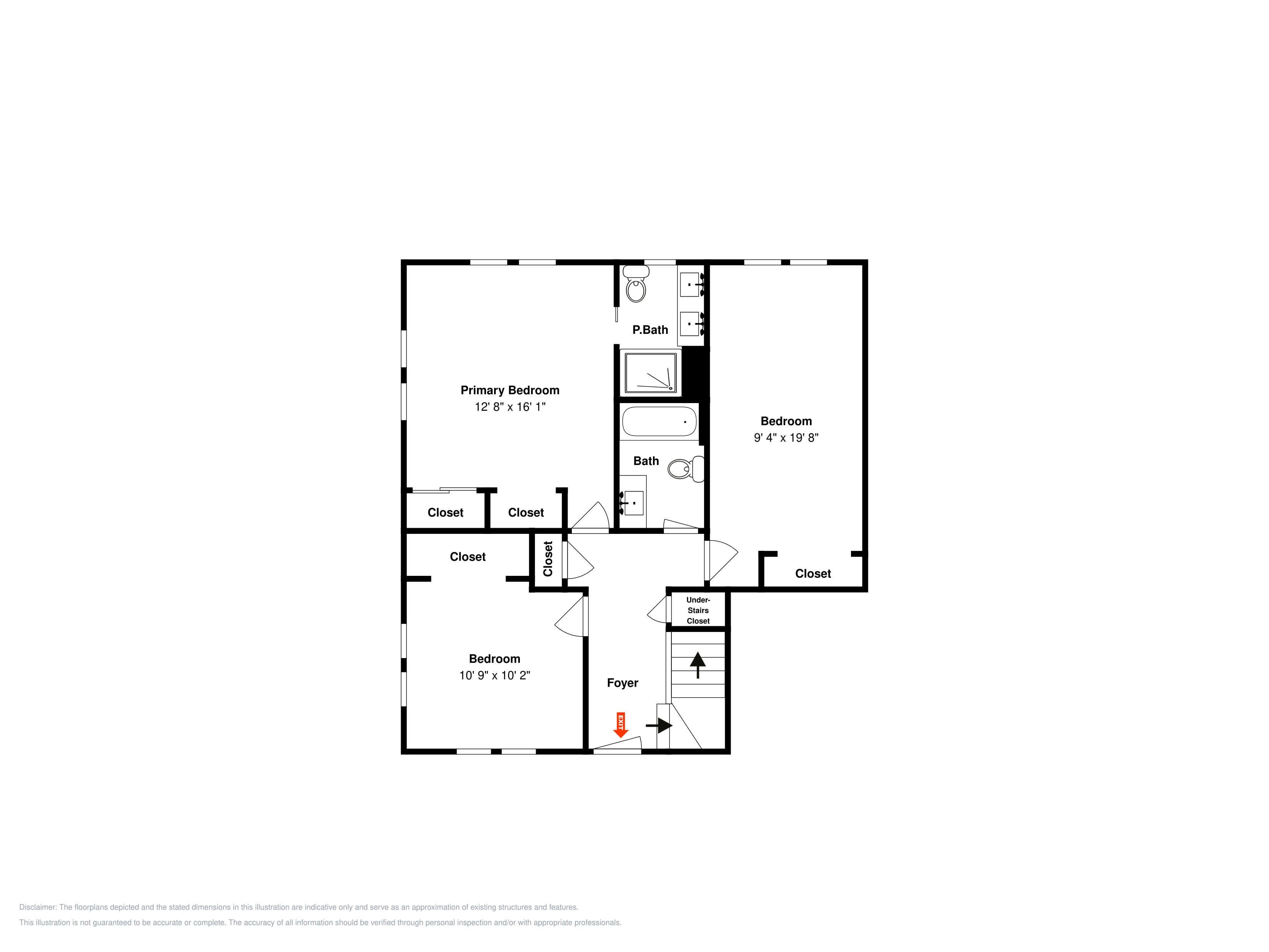 A floor plan with a primary bedroom, two smaller bedrooms, a bathroom, and a foyer.