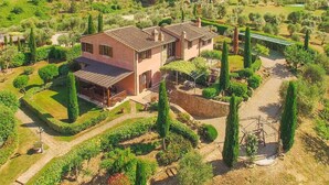 A two-story house with a patio, surrounded by a well-maintained garden and vineyard. - 6 bedroom nice home in Montaione (FI) (Montaione (FI))