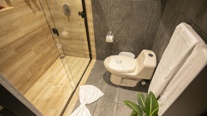 Douche, sèche-cheveux, serviettes fournies, savon