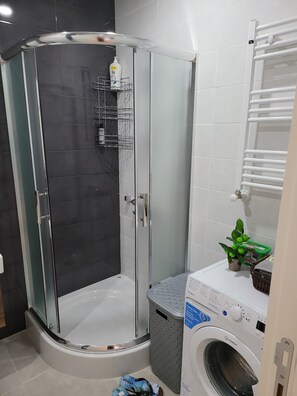 Bathroom features a glass-enclosed shower, washing machine, and drying rack.