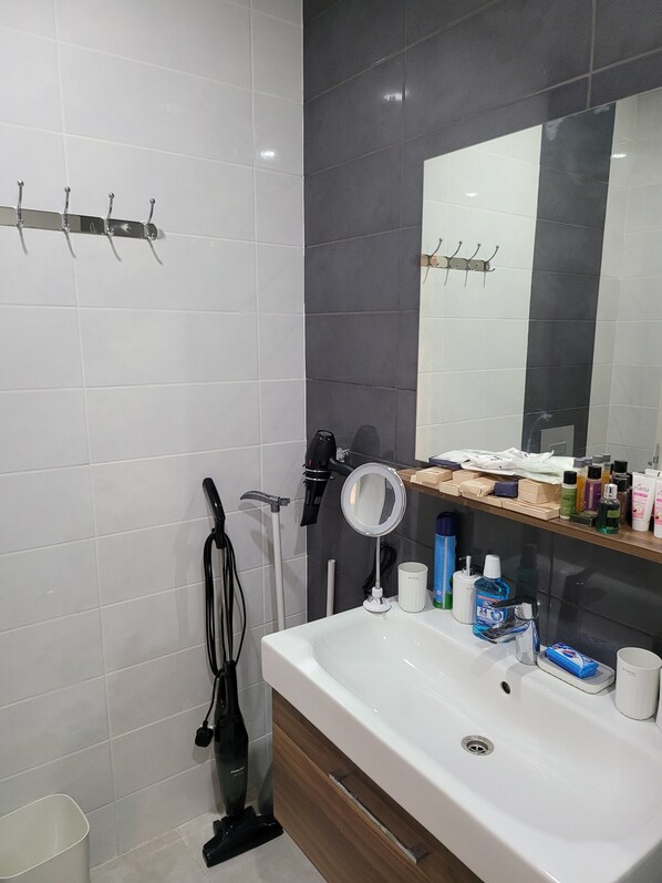 Bathroom features a sink, mirror, and cabinet, with a hairdryer and vacuum mounted on the wall.