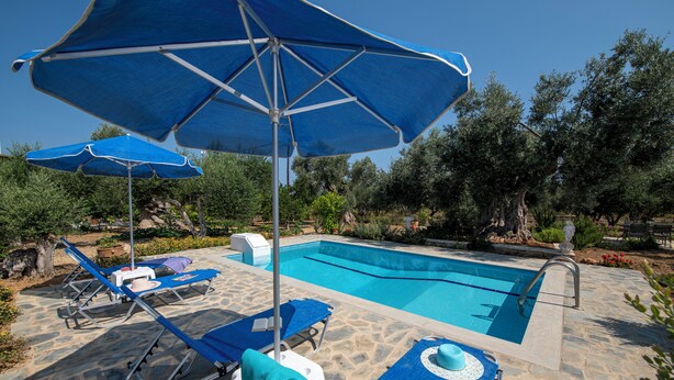 Una piscina con sillas de descanso y sombrillas, rodeada de baldosas de piedra y follaje.